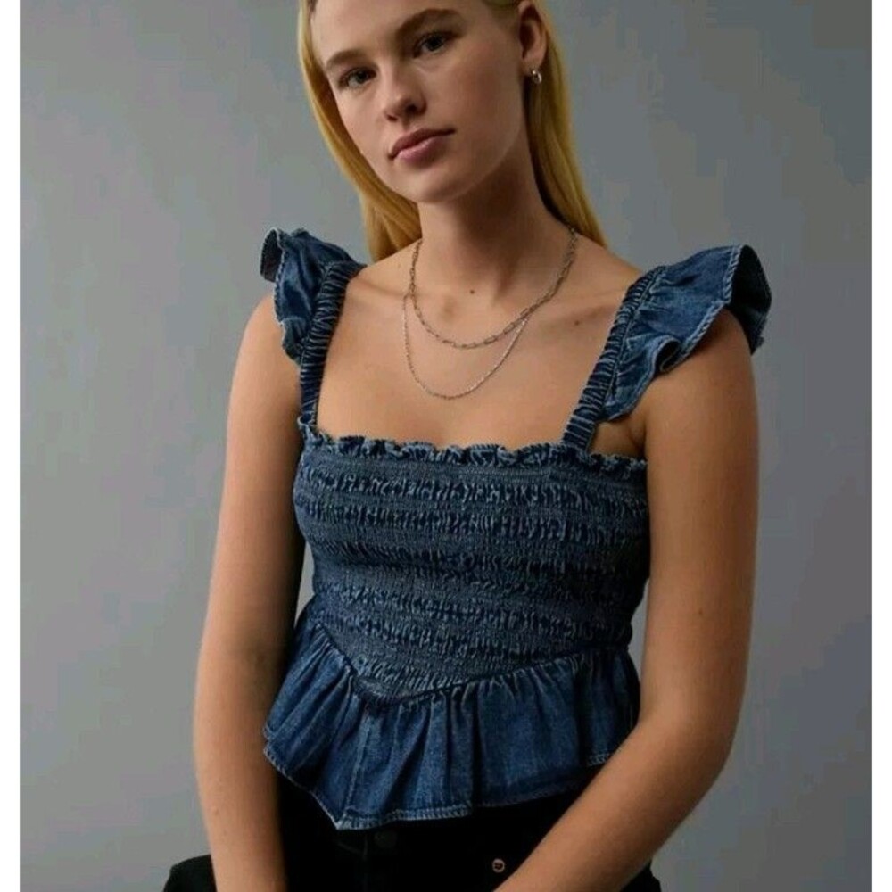American Eagle Bella Smocked Blue Denim Crop Tank Top Ruffle Women's Small
